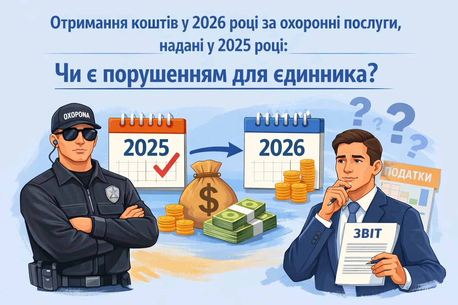 Чи є порушенням для єдинника отримання у 2026 році коштів за охоронні послуги, надані у 2025 році?