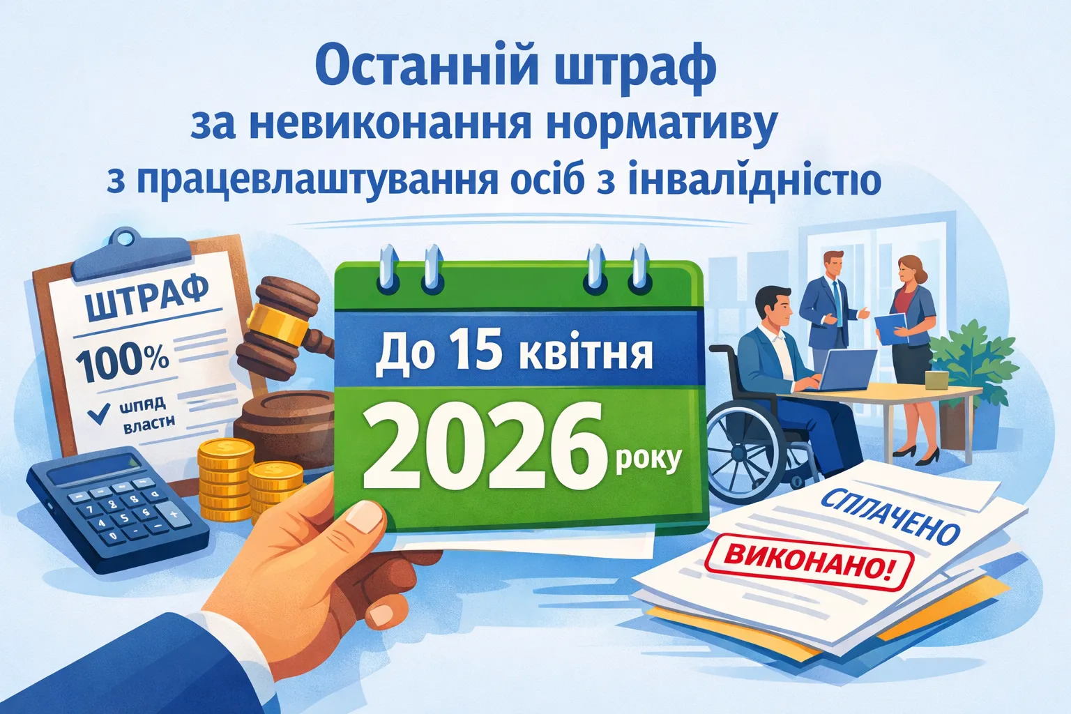 До 15 квітня 2026 року сплачуємо останній штраф за невиконання нормативу з працевлаштування осіб з інвалідністю
