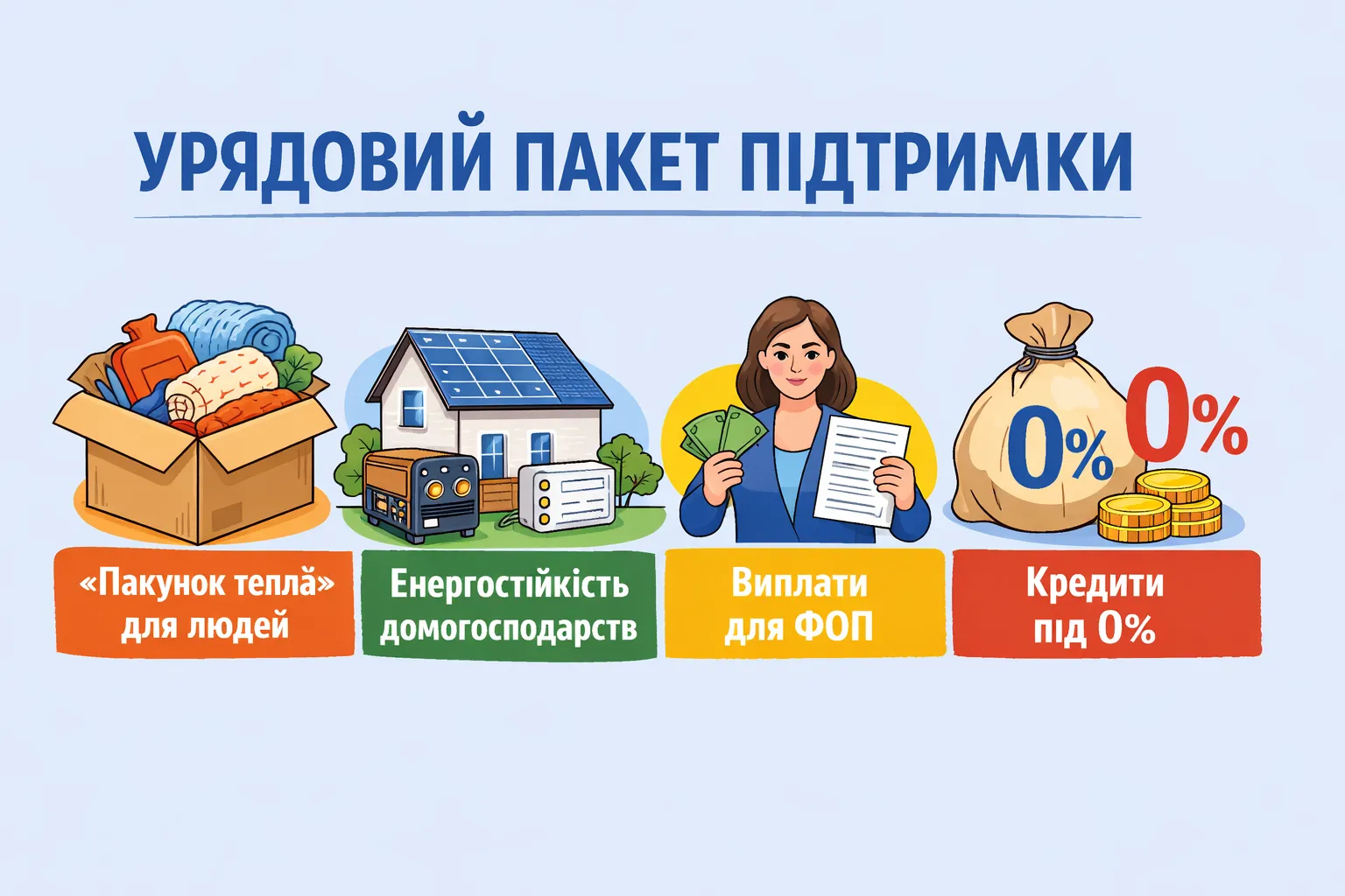 Урядовий пакет підтримки: пакунки тепла для людей, енергостійкість домогосподарств, виплати для ФОП та кредити 0% Урядовий пакет підтримки: пакунки тепла для людей, енергостійкість домогосподарств, виплати для ФОП та кредити 0%