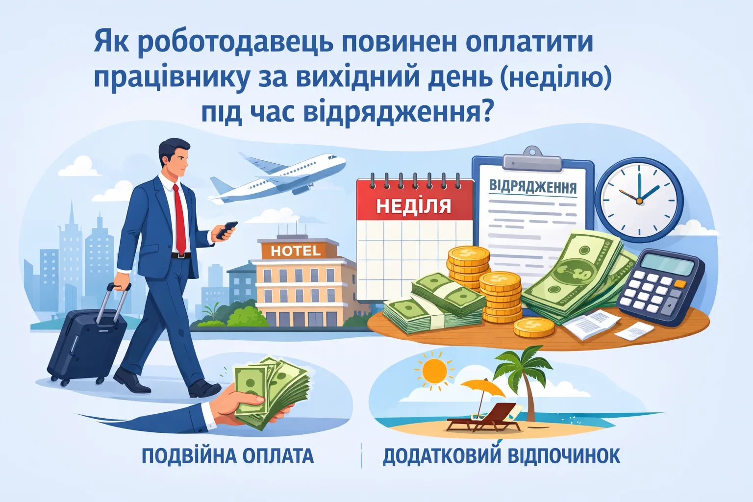Як роботодавець повинен оплатити працівнику за вихідний день (неділю) під час відрядження?