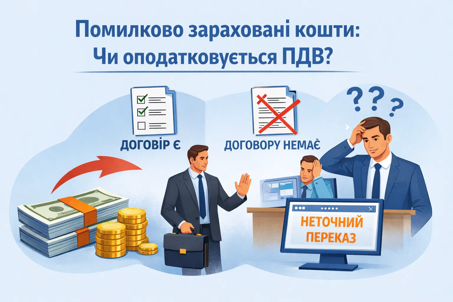 Чи підлягають оподаткуванню ПДВ кошти, що помилково зараховані на рахунок неналежного отримувача з вини платника, якщо договірні відносини щодо постачання товарів/послуг наявні/відсутні?