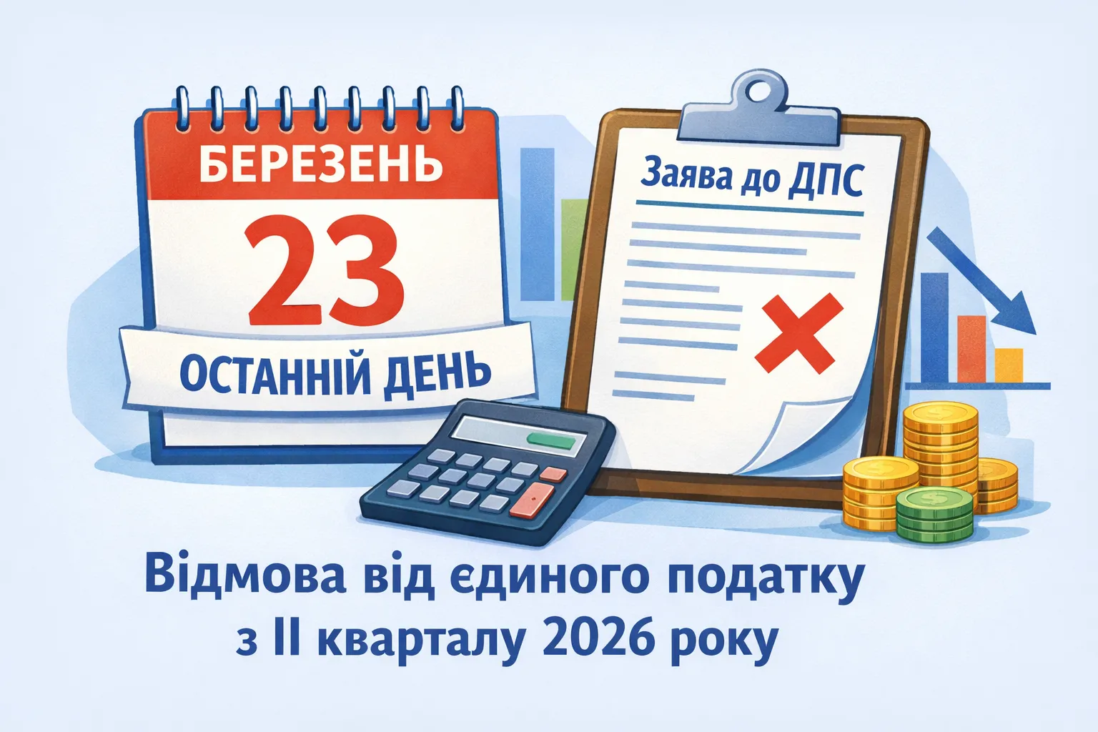 23 березня - останній день подання заяви до ДПС про відмову від єдиного податку з II кварталу 2026 року.
