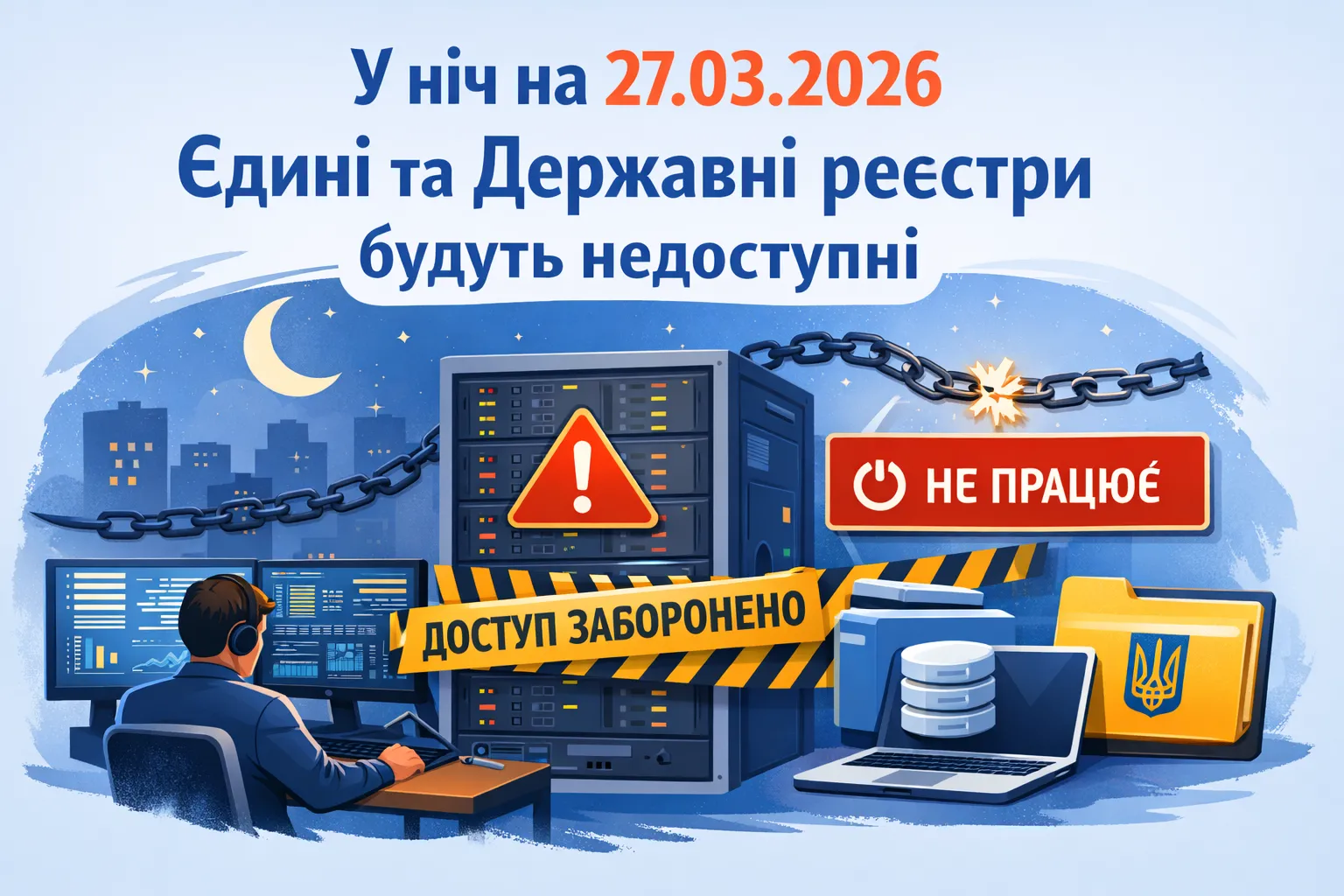 У ніч на 27.03.2026 Єдині та Державні реєстри будуть недоступні У ніч на 27.03.2026 Єдині та Державні реєстри будуть недоступні