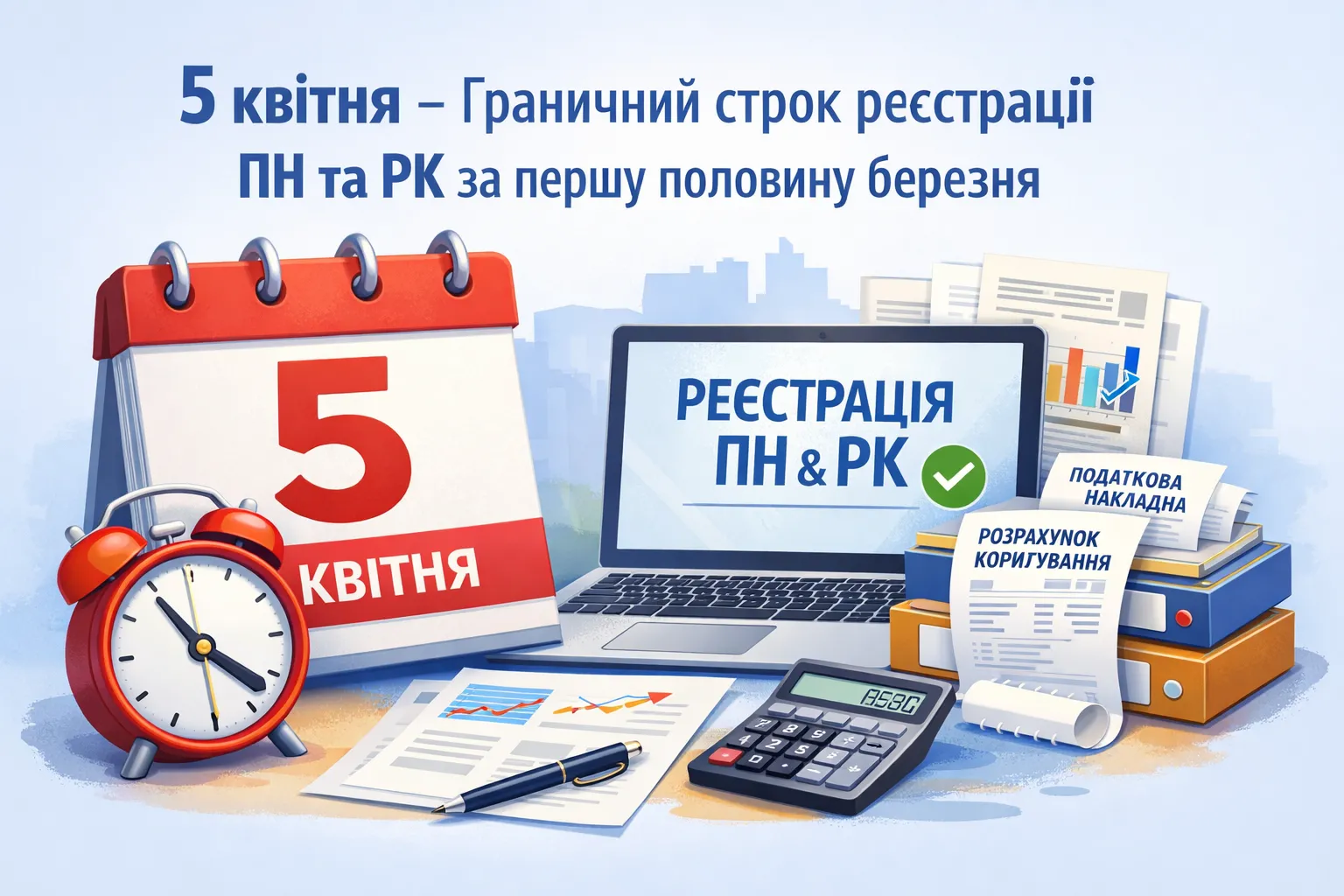 5 квітня - граничний строк реєстрації ПН та РК за першу половину березня 5 квітня - граничний строк реєстрації ПН та РК за першу половину березня