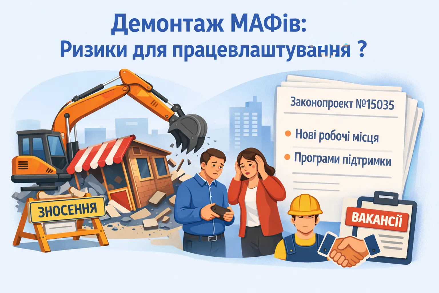 Як масовий демонтаж МАФів загрожує зайнятості та що пропонує законопроєкт №15035 Як масовий демонтаж МАФів загрожує зайнятості та що пропонує законопроєкт №15035
