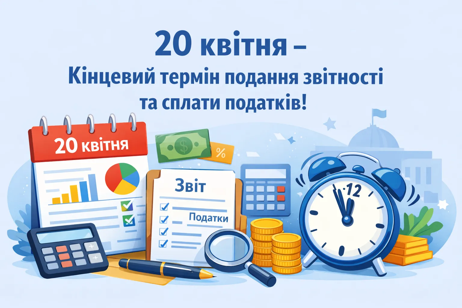 20 квітня – граничний строк подання звітності та дедлайн щодо сплати податків/внесків
