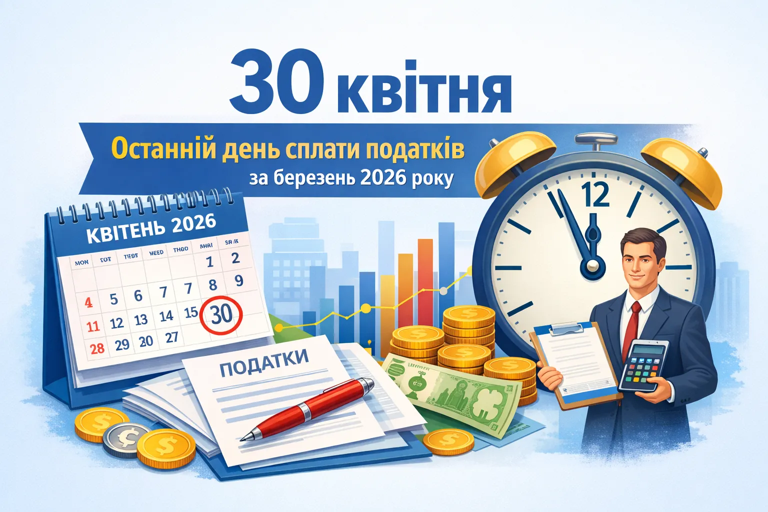 30 квітня – останній день сплати податків за березень 2026 року
