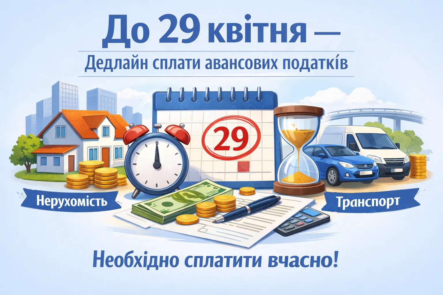 До 29 квітня — дедлайн сплати авансових внесків з нерухомого та транспортного податків
