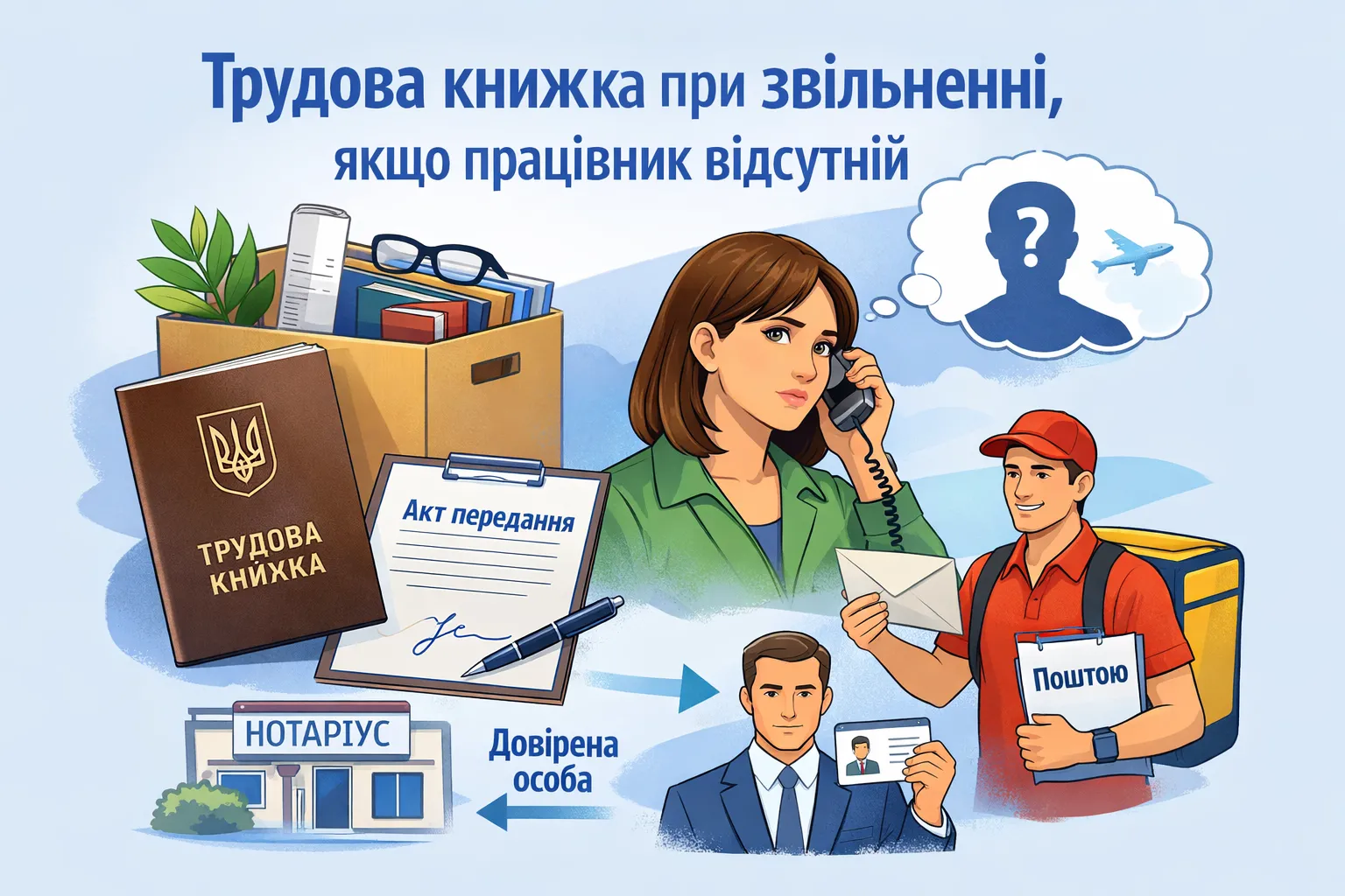 Как выдать трудовую книжку при увольнении, если работник отсутствует