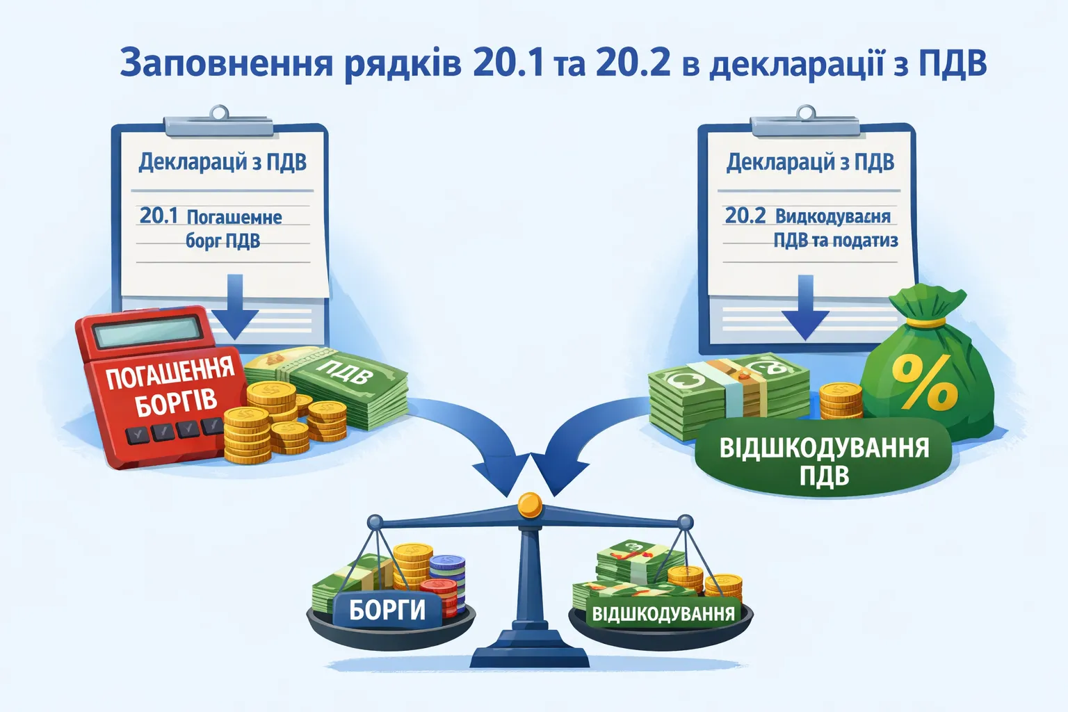 Одночасне заповнення рядків 20.1(погашення борг ПДВ) і 20.2(відшкодування ПДВ, або погаш. інших податків) Декларації з ПДВ Одночасне заповнення рядків 20.1(погашення борг ПДВ) і 20.2(відшкодування ПДВ, або погаш. інших податків) Декларації з ПДВ