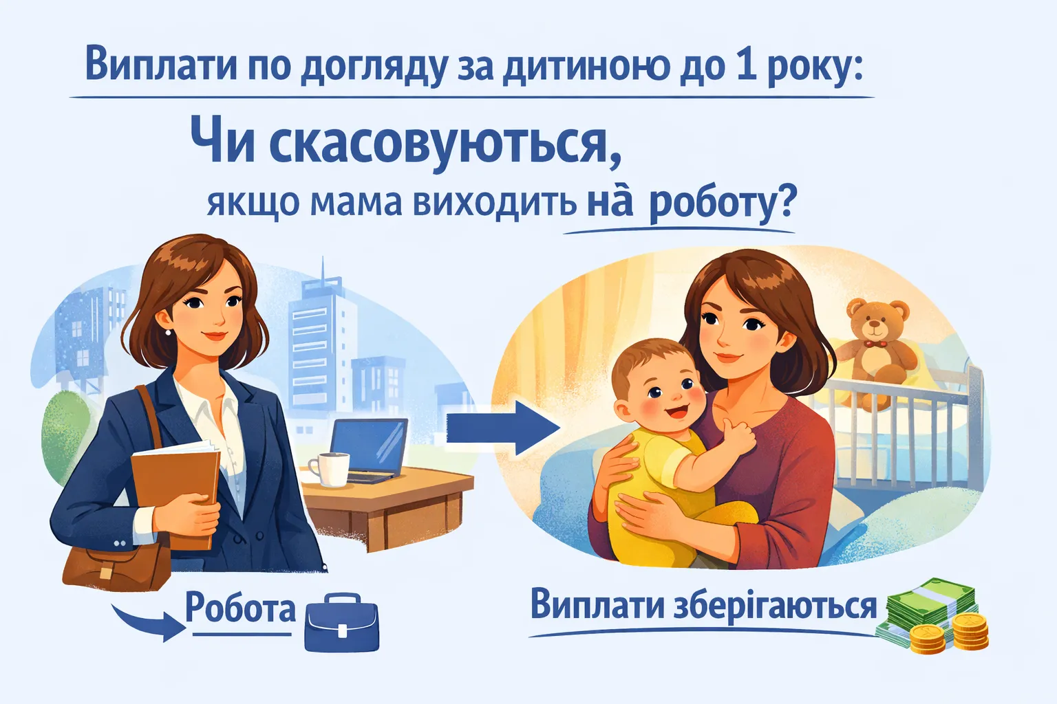 Чи припиняється виплата допомоги по догляду за дитиною до одного року, якщо мама виходить на роботу?