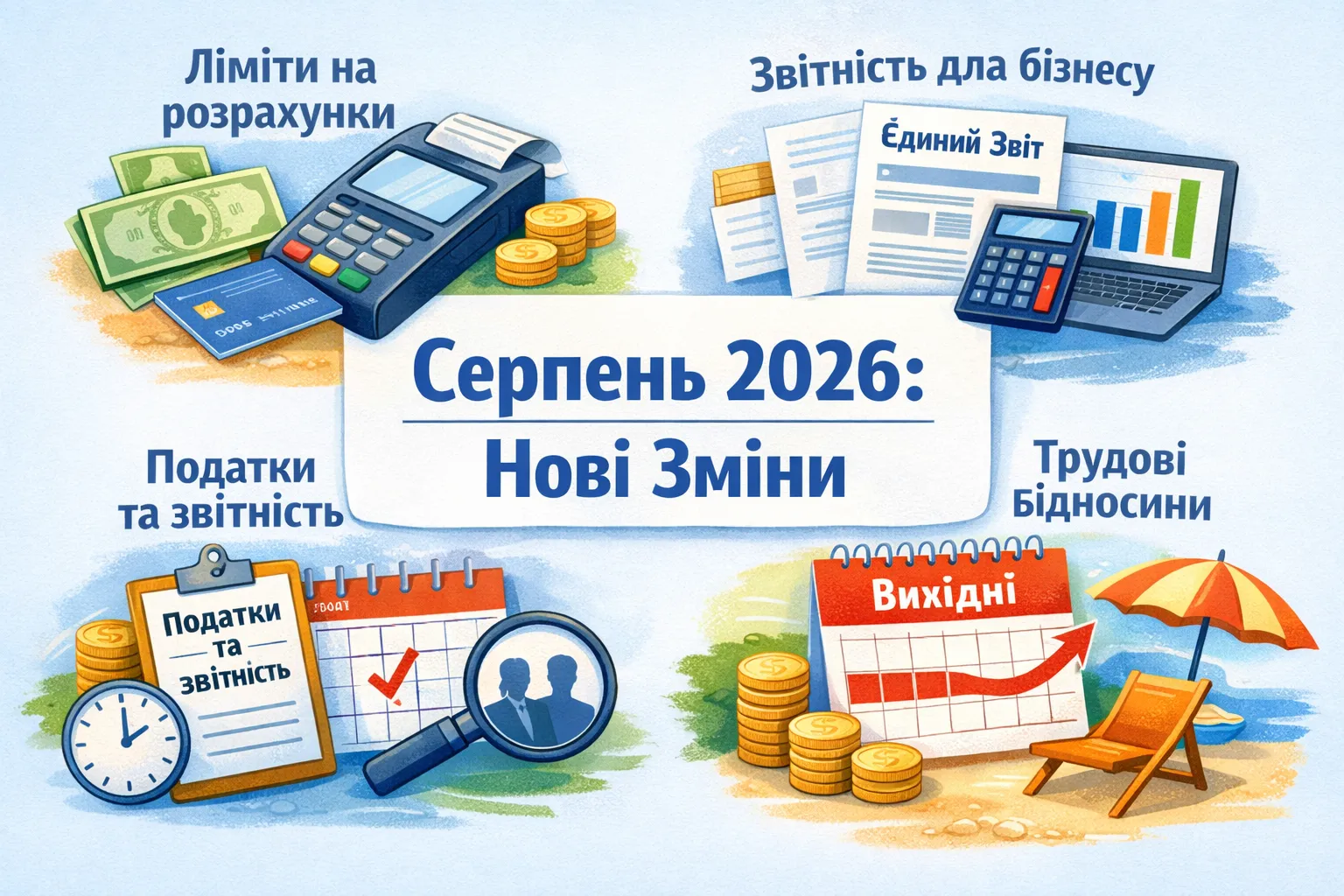Що буде у серпні 2026 року: Обмеження на розрахунки. Об’єднаний звіт для юросіб та ФОП. Податки, звітнисть. Трудові відносини, індексація, вихідні.