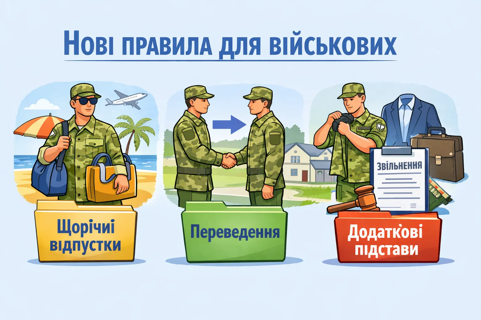 Нові правила для військових: щорічні відпустки, переведення і додаткові підстави звільнення Нові правила для військових: щорічні відпустки, переведення і додаткові підстави звільнення