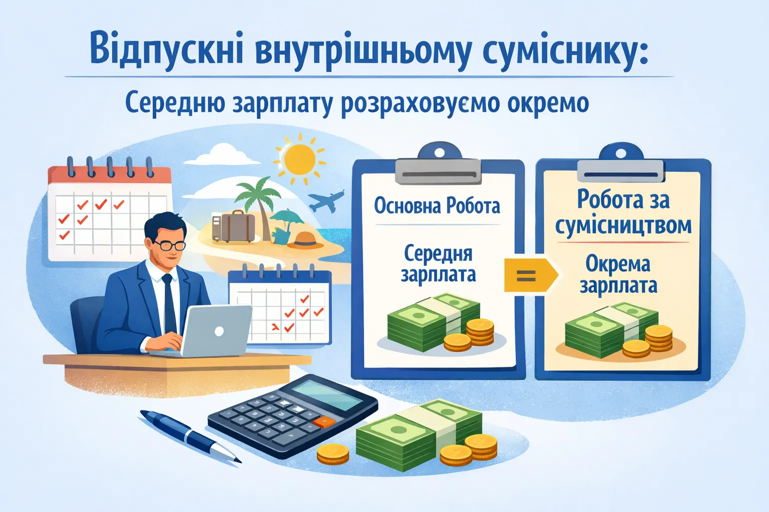 Відпускні внутрішньому суміснику: середню зарплату розраховуємо окремо
