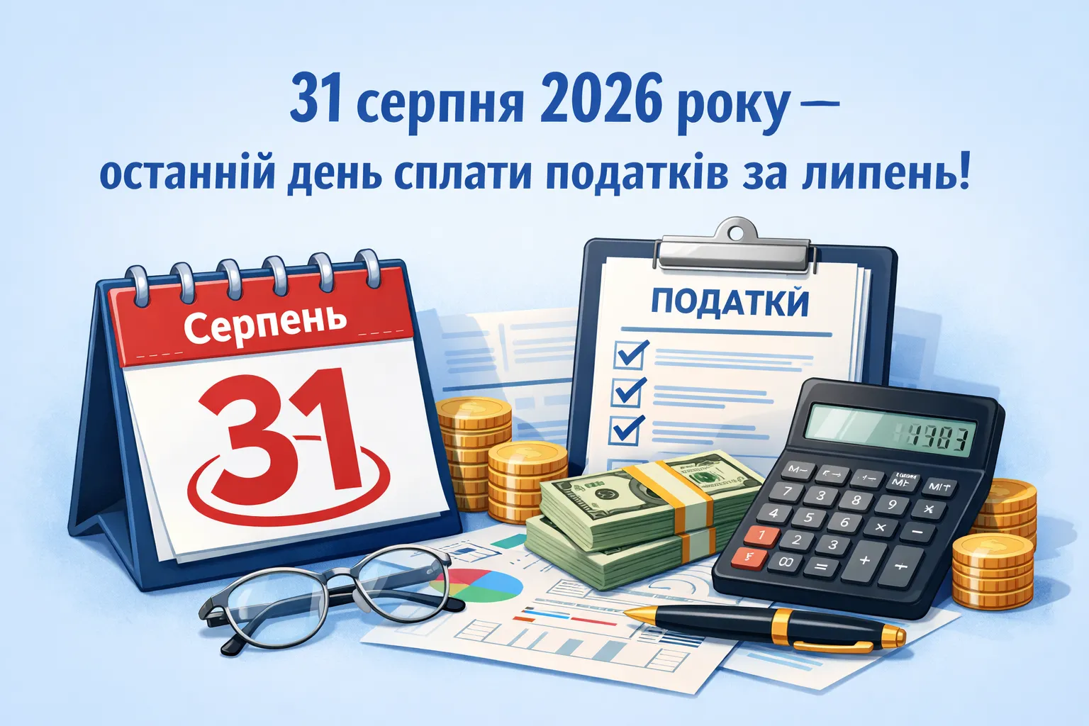 31 серпня 2026 року — граничний строк сплати податків за липень: що потрібно сплатити 31 серпня 2026 року — граничний строк сплати податків за липень: що потрібно сплатити