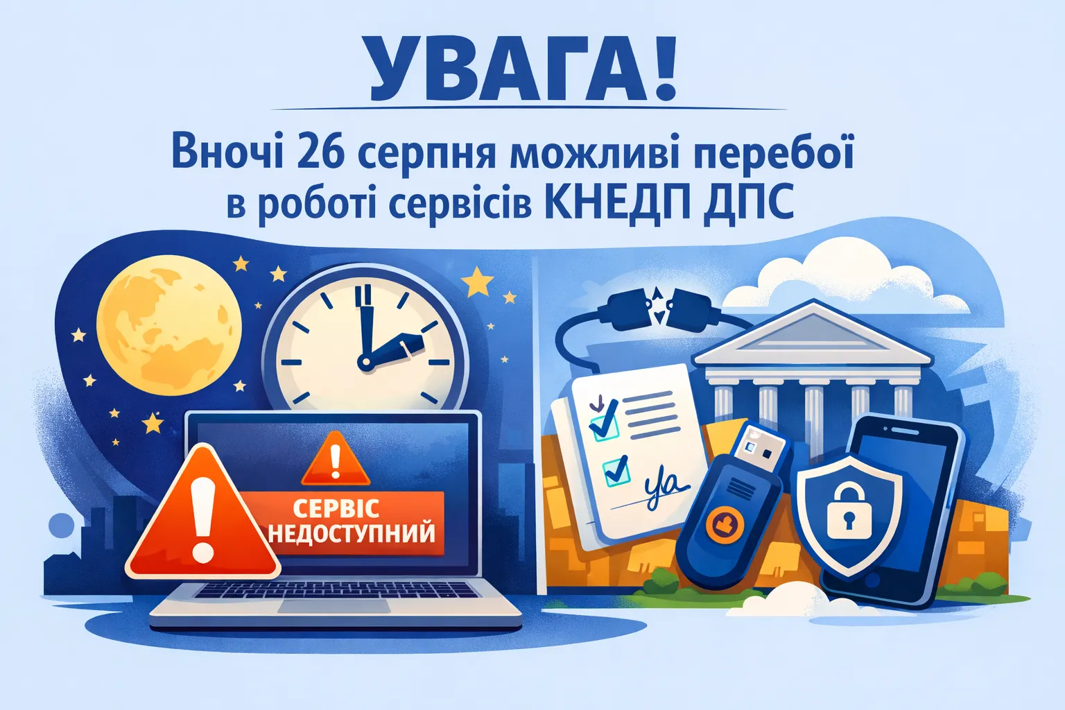 Увага! Вночі 26 серпня можливі перебої в роботі сервісів КНЕДП ДПС