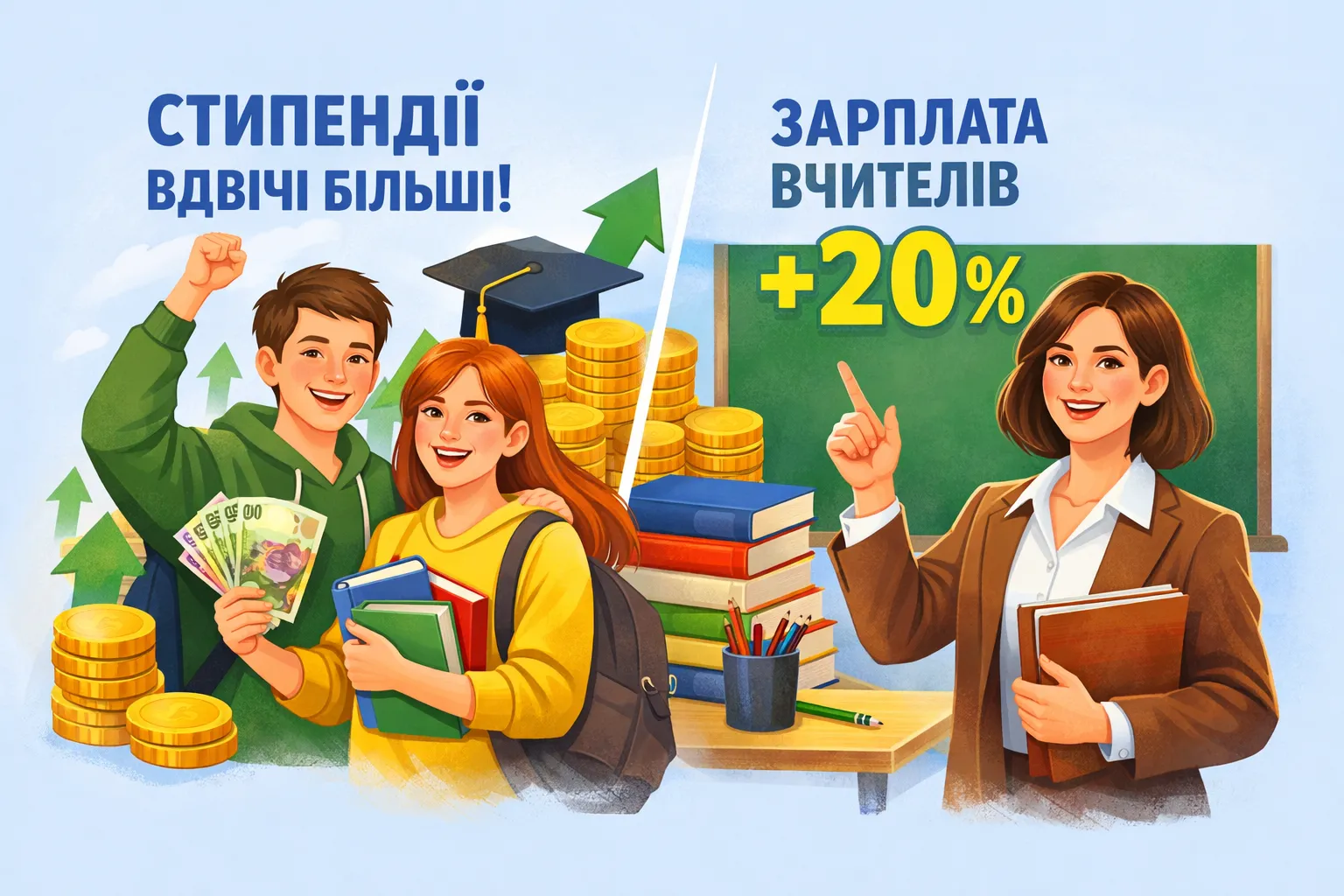 З 1 вересня всі студенти отримуватимуть удвічі вищу стипендію, а зарплата вчителів зросте на 20%