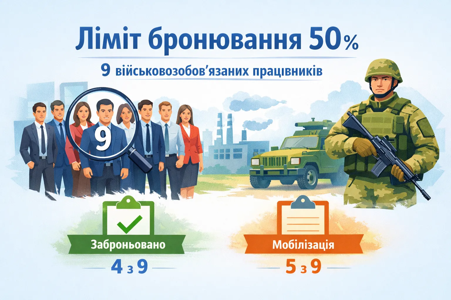 Ліміт бронювання 50 %: скільки працівників можна забронювати, якщо військовозобов’язаних дев’ять