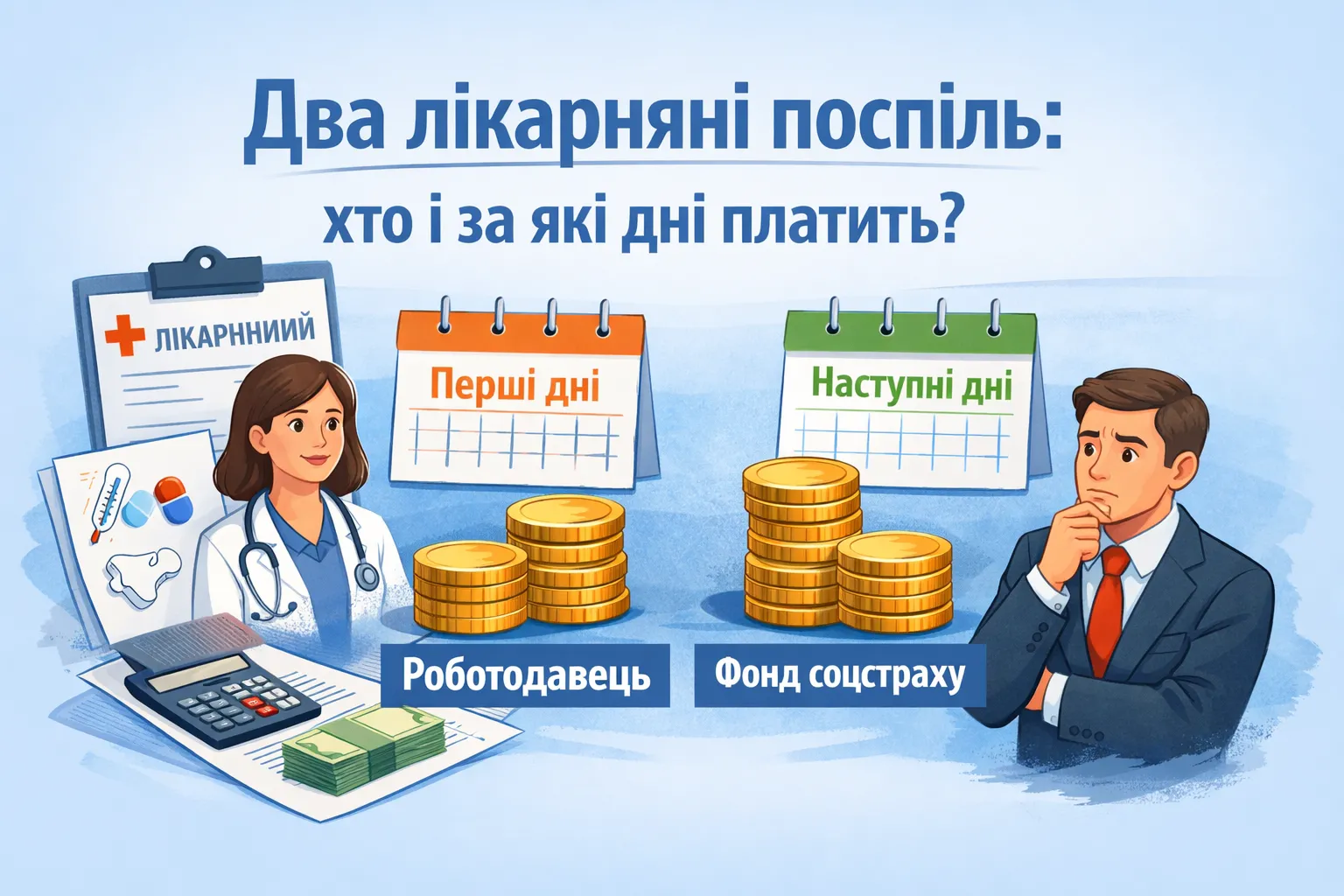 Два лікарняні поспіль через різні причини: хто і за які дні платить? Два лікарняні поспіль через різні причини: хто і за які дні платить?