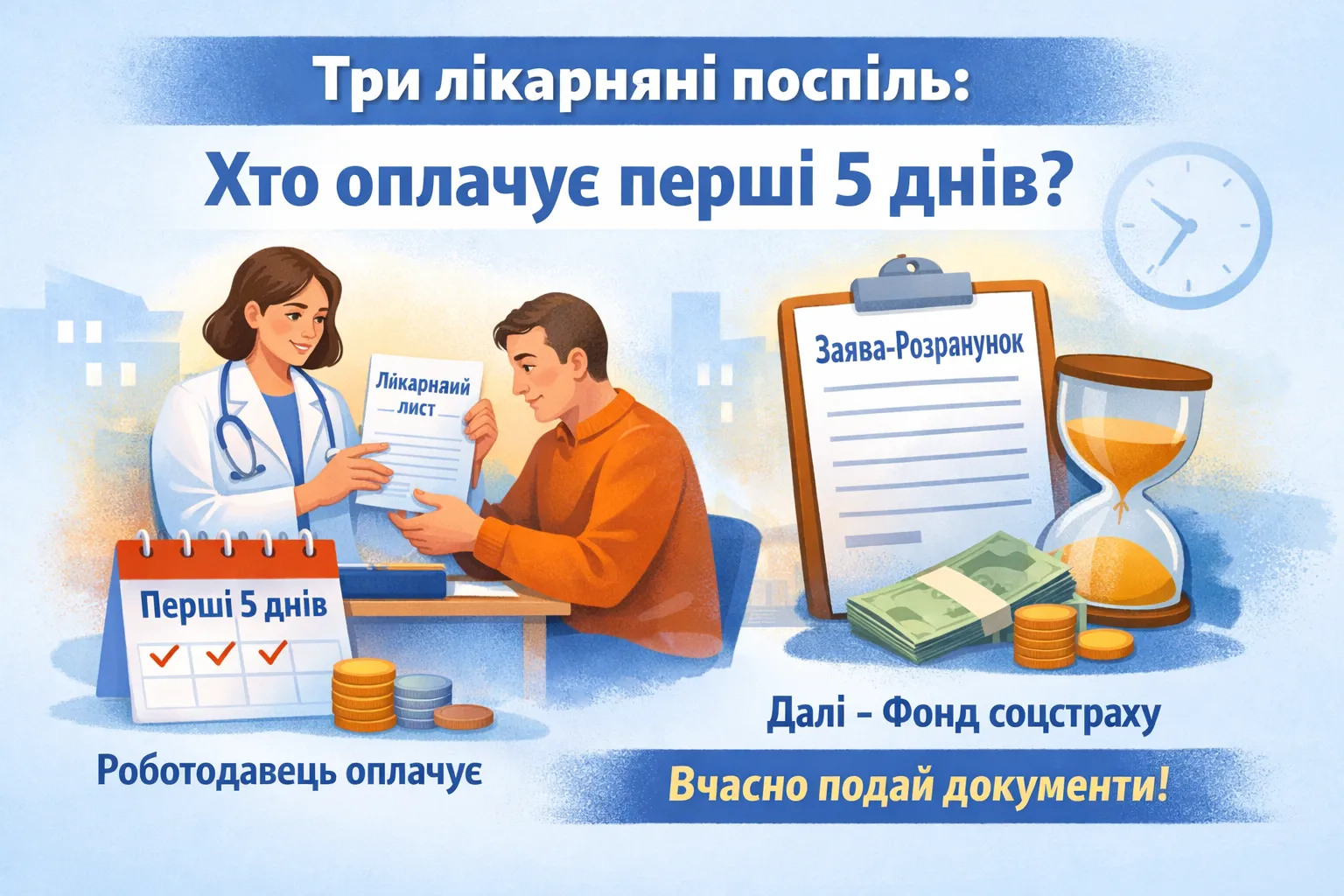 Три лікарняні поспіль: хто оплачує перші 5 днів і коли подавати заяву-розрахунок